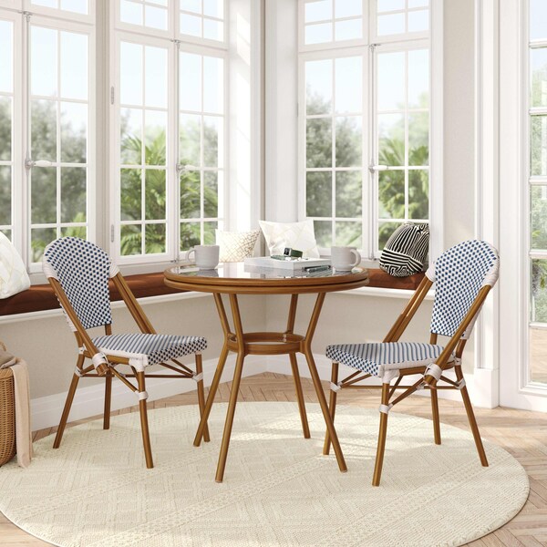 Flash Furniture Lourdes French Bistro 31.5in. Table, White and Navy PE Rattan, Glass Top w/2 Stack Chairs - Natural SDA-AD641012-80-2001-F-WHNVY-NAT-GG - main